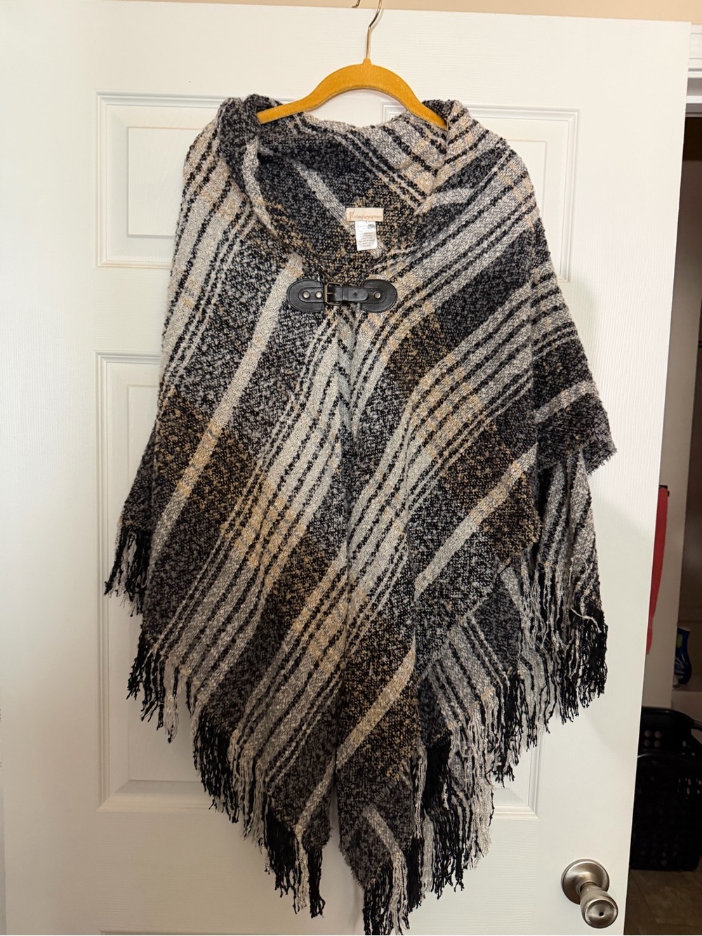 Striped Fringe Poncho - Black & Cream